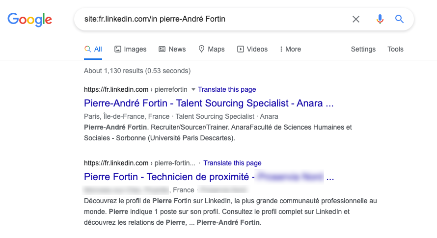 LinkedIn X-Ray sur Bing — recherche site:linkedin.com/in