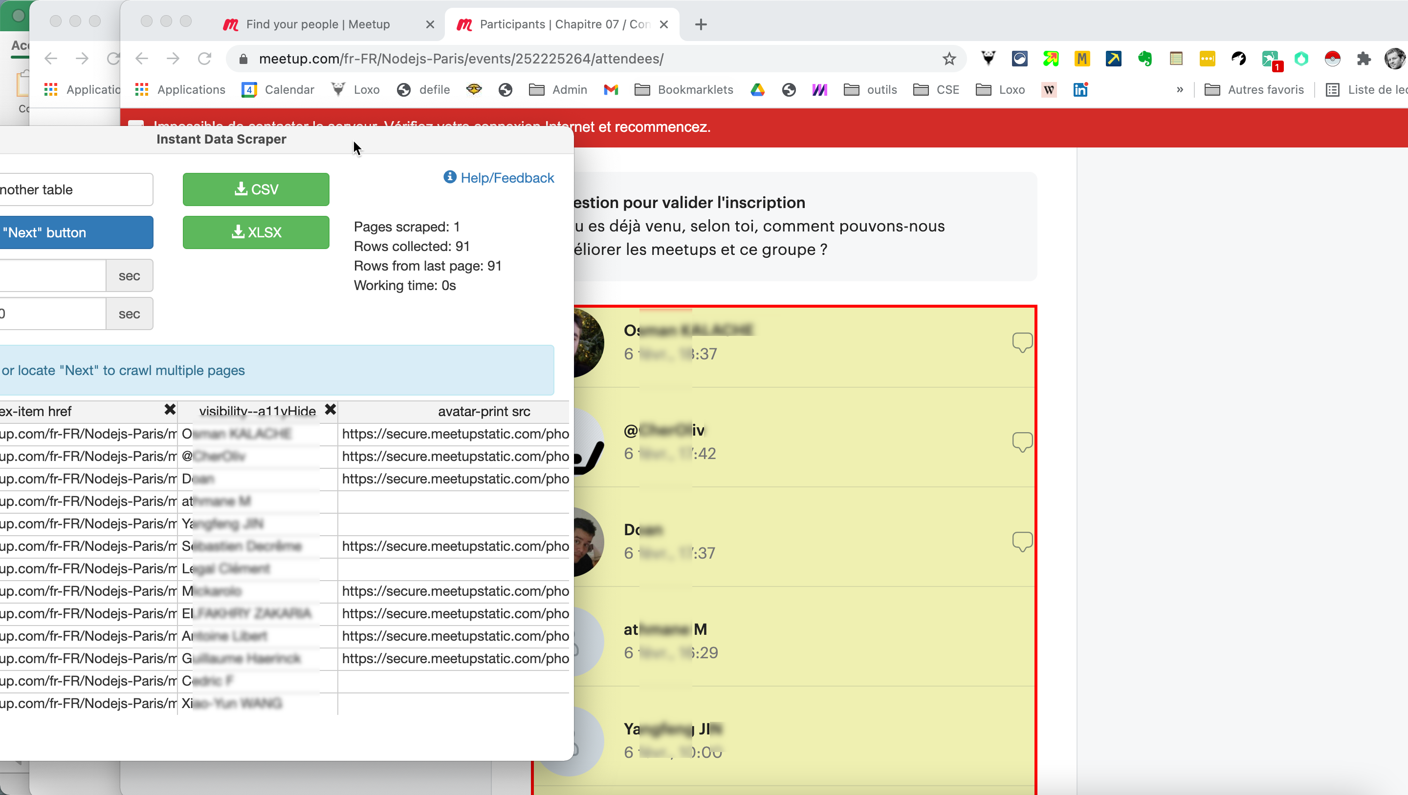 Instant Data Scraper en action — extraction des participants d'un événement Meetup