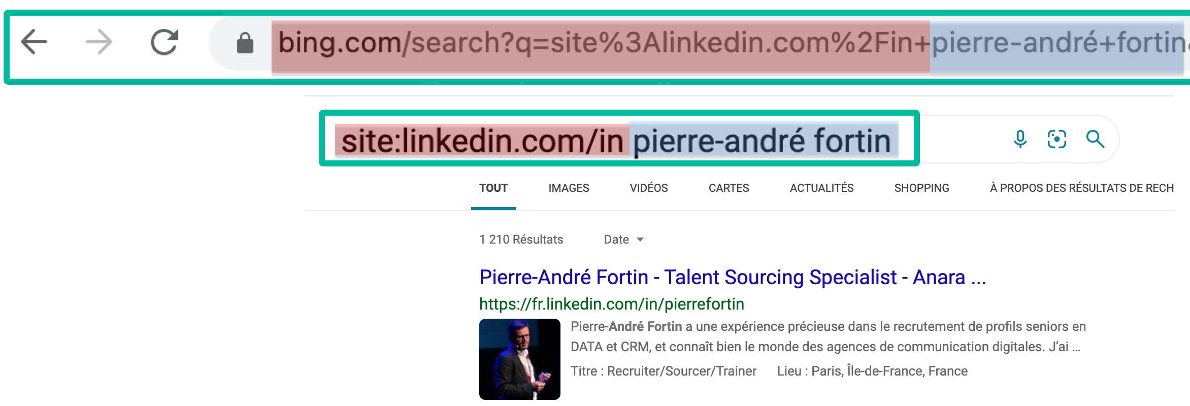 Structure d'une URL Bing avec opérateur site:linkedin.com/in