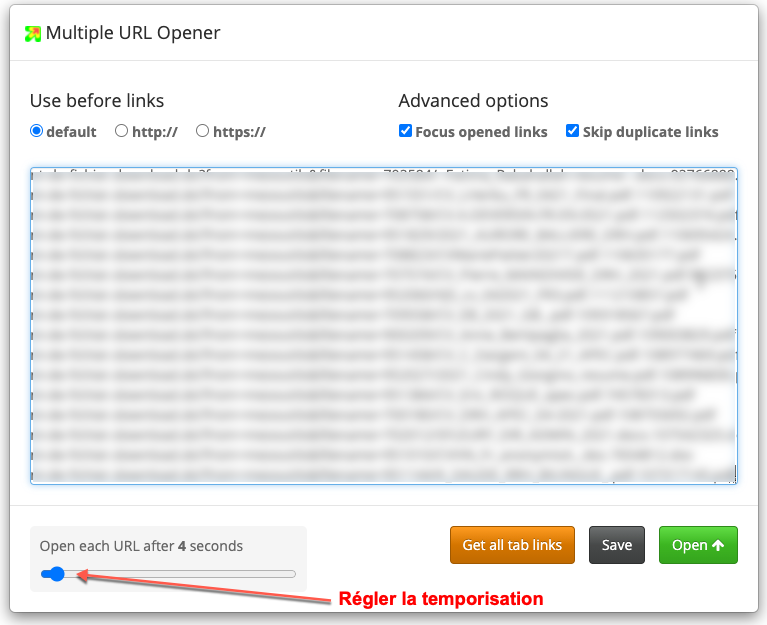 Multiple URL Opener — réglage de la temporisation à 2,5 secondes entre les ouvertures
